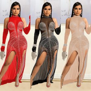 This Fall Women's Fashion Sexy Mesh Beaded See-Through Dress Design Made Of High Quality Polyster And Spandex Material