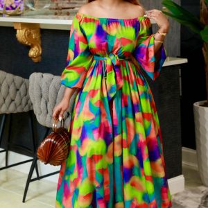 This Fall Women's Sexy Off Shoulder Puff Long Sleeve Print Slim Waist Chic Long Dress Design Made Of High Quality Polyster And Spandex Material