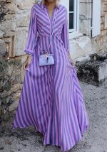 This Fall Women's Long Sleeve Fashion Chic Stripe Print Dress Design Made Of High Quality Polyster And Spandex Material