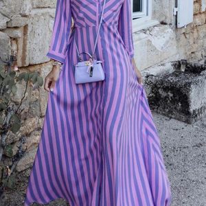 This Fall Women's Long Sleeve Fashion Chic Stripe Print Dress Design Made Of High Quality Polyster And Spandex Material