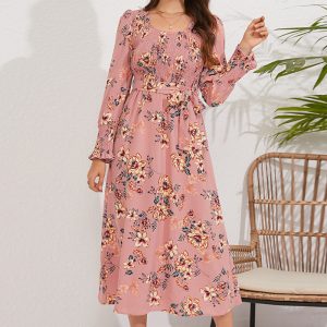 This Fall Women's Vintage Long Sleeve Floral Midi Dress Design Made Of High Quality Polyster And Spandex Material. It Is Stretchy