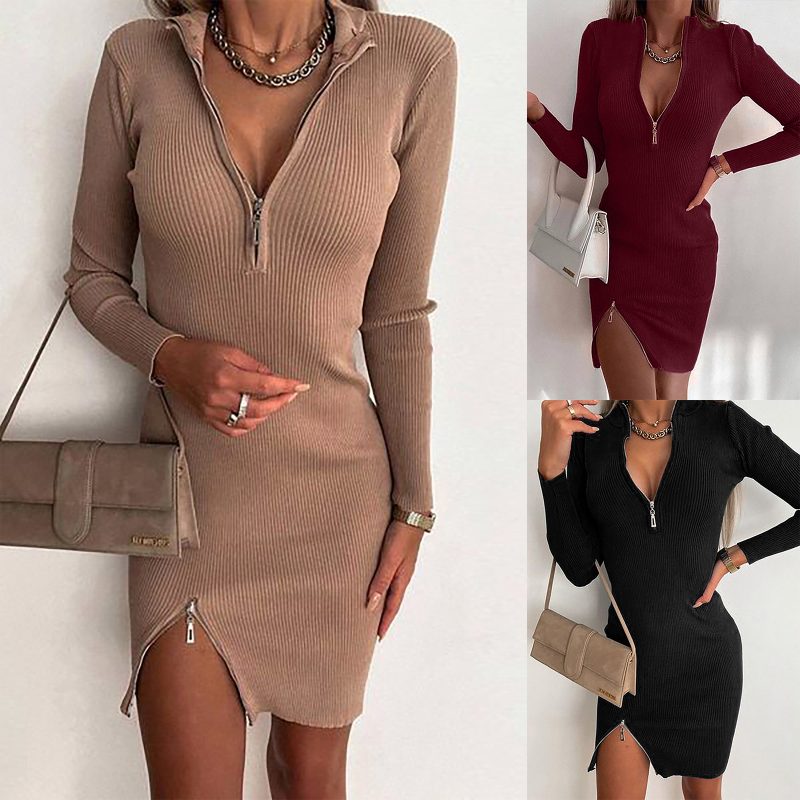 This Fall/Winter Bodycon Women's Ribbed Sexy Slit v-Neck Dress Design Made Of High Quality Polyster And Spandex Material. It Is Stretchy