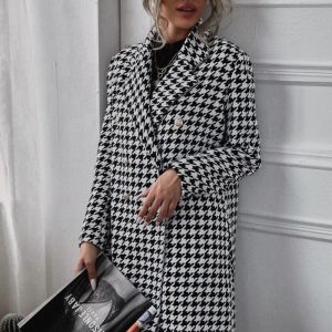 This Fall/Winter Fashion Houndstooth Print Long Coat Made Of Comfortable And Elastic Fabric. It Is Wholesale Sexy Plus Size Tops For Women. With The Gradual Rise Of Feminist Awareness