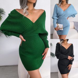 This Fall/Winter Sexy Cross v-Neck Bat Skirt Bodycon Dress Sweater Dress Combine The Warm And Fashion. It Is a Must-Have Item For This Winter. Sweater Dresses For Women At Global Lover Comes For Different Occasions - Daily Life