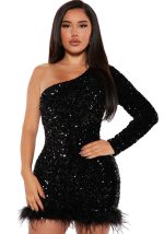 This Fall/Winter Slash Shoulder Long Sleeve Sequin Feather Bodycon Party Dress Design Made Of High Quality Polyster And Spandex Material