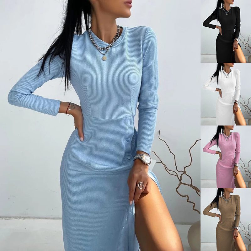 This Fall/Winter Slim Fit Solid Color Long Sleeve Ribbed Slit Basic Shirt Dress Combine The Warm And Fashion. It Is a Must-Have Item For This Winter. Sweater Dresses For Women At Global Lover Comes For Different Occasions - Daily Life