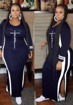 This Fall/Winter Striped Patchwork Round Neck Print Slit Plus Size Dress Made Of Soft And Elastic Fabric. Global Lover Wholesale Plus Size Dresses And Hope Curvy Ladies Find Here a Warm And Exciting Place To Shop Affordable Curvy Dresses Online - Plus Size Casual