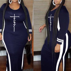 This Fall/Winter Striped Patchwork Round Neck Print Slit Plus Size Dress Made Of Soft And Elastic Fabric. Global Lover Wholesale Plus Size Dresses And Hope Curvy Ladies Find Here a Warm And Exciting Place To Shop Affordable Curvy Dresses Online - Plus Size Casual