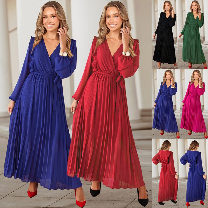 This Fall/Winter Women's Clothing Solid Color Long Sleeve Chic Wrap v-Neck Pleated Maxi Dress Long Dress Design Made Of High Quality Polyster And Spandex Material