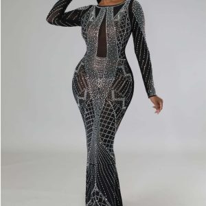 This Fashion Autumn Long Dress Beaded Low Back Sexy Evening Dress Design Made Of High Quality Polyster And Spandex Material