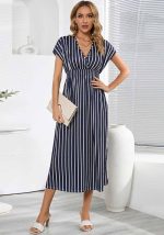 This Fashion Bat Sleeves v Neck Low Back Lace-Up Summer Women's Printed Long Casual Dress Design Made Of High Quality Polyster And Spandex Material