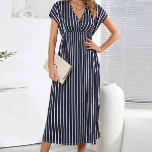 This Fashion Bat Sleeves v Neck Low Back Lace-Up Summer Women's Printed Long Casual Dress Design Made Of High Quality Polyster And Spandex Material