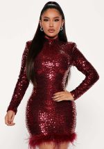 This Fashion Bodycon Long Sleeve Round Neck Sequin Feather Party Dress Design Made Of High Quality Polyster And Spandex Material