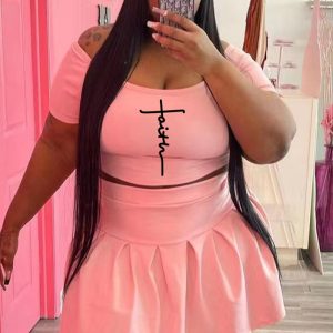 This Fashion Casual Sport Print Short Sleeve Two-Piece Plus Size Women's Skirt Set Design And Made Of Comfortable And Elastic Fabric. Wholesale Plus Size Two Piece Sets Is a Must-Have Item For Curvy Ladies. Two Piece Sets Can Either Be Worn Together Or Individually