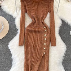 This Fashion Chic Long Sleeve Round Neck Slim Waist Slim Fit Maxi Slit Silk Knitting Bodycon Basic Dress Combine The Warm And Fashion. It Is a Must-Have Item For This Winter. Sweater Dresses For Women At Global Lover Comes For Different Occasions - Daily Life