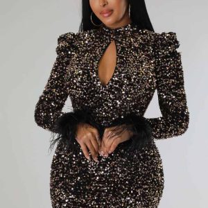 This Fashion Cutout Long Sleeve Feather Low Back Sexy Cutout Sequin Nightclub Dress Design Made Of High Quality Polyster And Spandex Material