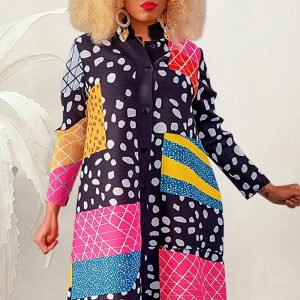 This Fashion Ladies Printed Long Sleeve Button Up Maxi Dress Design Made Of High Quality Polyster And Spandex Material. It Is Stretchy