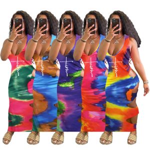 This Fashion Ladies Summer Tie Dye Sleeveless Cutout Plus Size Sexy Women Maxi Dress Design Made Of High Quality Polyster And Spandex Material