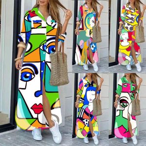 This Fashion Long Sleeve Printed Shirt Dress Long Dress (Positioning Flower) Design Made Of High Quality Polyster And Spandex Material. It Is Stretchy