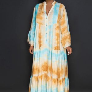 This Fashion Painted And Printed v-Neck Long-Sleeved Long Swing Dress Maxi Dress Design Made Of High Quality Polyster And Spandex Material