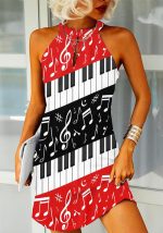 This Fashion Piano Print Sleeveless Casual Dress Design Made Of High Quality Polyster And Spandex Material. It Is Stretchy