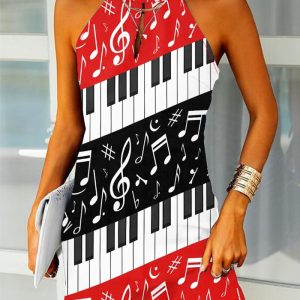 Esta moda de impresión de piano sin mangas vestido casual de diseño hecho de poliéster de alta calidad y material de spandex. Es elástico