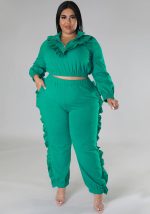 This Fashion Plus Size Fall/Winter Women's Zip Stand Collar Frill Pants Set Solid Color Two Piece Design And Made Of Comfortable And Elastic Fabric. Wholesale Plus Size Two Piece Sets Is a Must-Have Item For Curvy Ladies. Two Piece Sets Can Either Be Worn Together Or Individually