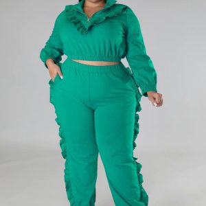 This Fashion Plus Size Fall/Winter Women's Zip Stand Collar Frill Pants Set Solid Color Two Piece Design And Made Of Comfortable And Elastic Fabric. Wholesale Plus Size Two Piece Sets Is a Must-Have Item For Curvy Ladies. Two Piece Sets Can Either Be Worn Together Or Individually