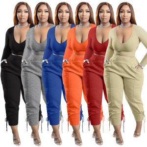 This Fashion Plus Size Women Fashion Sexy v-Neck Solid Color Leggings Casual Two Piece Set Design And Made Of Comfortable And Elastic Fabric. Wholesale Plus Size Two Piece Sets Is a Must-Have Item For Curvy Ladies. Two Piece Sets Can Either Be Worn Together Or Individually