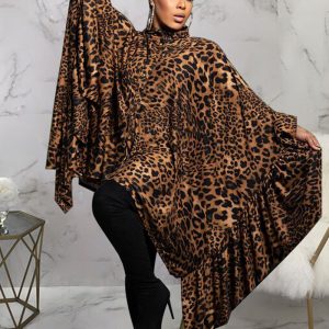 This Fashion Plus Size Women's Autumn And Winter Leopard Print Loose Long Top Made Of Comfortable And Elastic Fabric. It Is Wholesale Sexy Plus Size Tops For Women. With The Gradual Rise Of Feminist Awareness