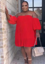 This Fashion Plus Size Women's Chiffon Pufff Sleeve Drape Pleated Off Shoulder Loose Dress Made Of Soft And Elastic Fabric. Global Lover Wholesale Plus Size Dresses And Hope Curvy Ladies Find Here a Warm And Exciting Place To Shop Affordable Curvy Dresses Online - Plus Size Casual