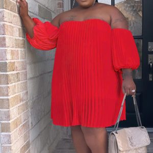 This Fashion Plus Size Women's Chiffon Pufff Sleeve Drape Pleated Off Shoulder Loose Dress Made Of Soft And Elastic Fabric. Global Lover Wholesale Plus Size Dresses And Hope Curvy Ladies Find Here a Warm And Exciting Place To Shop Affordable Curvy Dresses Online - Plus Size Casual