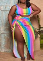 This Fashion Plus Size Women's Sexy Rainbow Stripe Cutout One Piece Swimsuit Dress Two-Piece Set Is Made Of Good Quality Lycra And Spandex Fabric