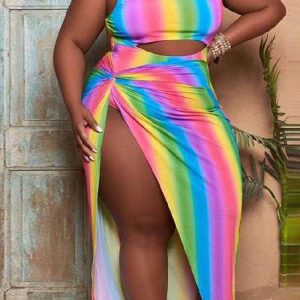 This Fashion Plus Size Women's Sexy Rainbow Stripe Cutout One Piece Swimsuit Dress Two-Piece Set Is Made Of Good Quality Lycra And Spandex Fabric