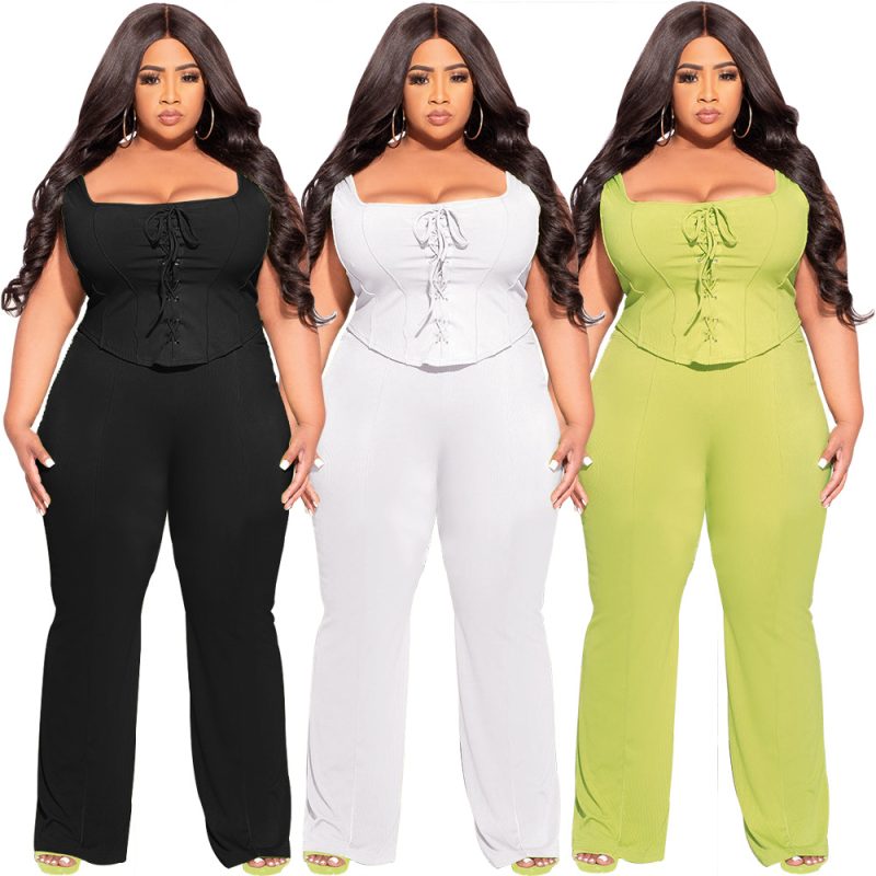 This Fashion Plus Size Women's Slim Fit Solid Color Sleeveless Two Piece Pants Set Design And Made Of Comfortable And Elastic Fabric. Wholesale Plus Size Two Piece Sets Is a Must-Have Item For Curvy Ladies. Two Piece Sets Can Either Be Worn Together Or Individually