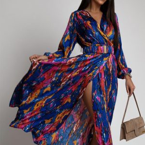 This Fashion Print v-Neck Long Sleeve Belt Dress Design Made Of High Quality Polyster And Spandex Material. It Come With Good Stretch And Wearing Comfortable. Women¡¯s Midi Dresses Is Omnipotent And Suit For All Kinds Of Occasions - Daily Wear