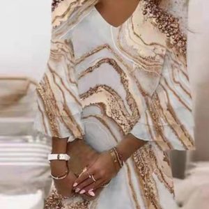 This Fashion Print v Neck Ruffle Gold Marble Dress