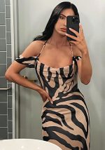 This Fashion Printed Slim Dress Autumn Women's Off Shoulder Low Back Strap Dress Design Made Of High Quality Polyster And Spandex Material