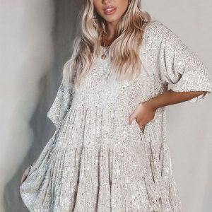 This Fashion Sequin Round Neck Short Sleeve Big Swing Cute Dress Design Made Of High Quality Polyster And Spandex Material. It Is Stretchy