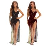 This Fashion Sequin v Neck Single Side Strap High Slit Sexy Bodycon Dress Design Made Of Good Quality Polyster And Spandex Material