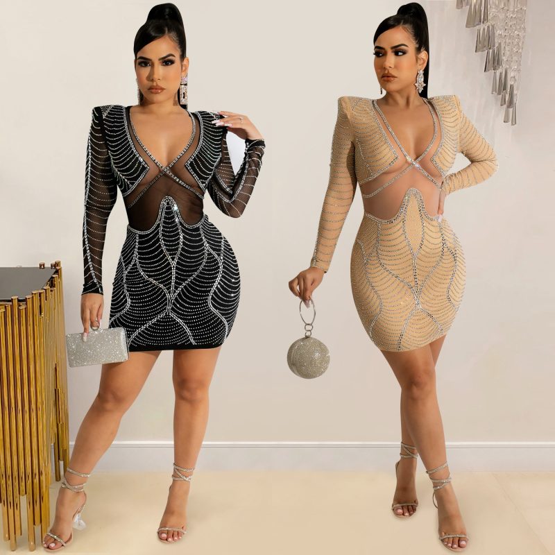 This Fashion Sexy Ladies Nightclub Long Sleeve Beaded Mesh See-Through Dress Design Made Of High Quality Polyster And Spandex Material