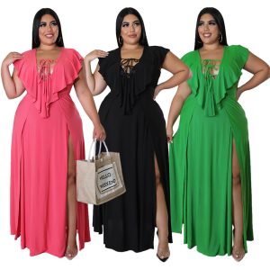 This Fashion Short Sleeve v-Neck Solid Color Plus Size Women's Split Maxi Dress Made Of Soft And Elastic Fabric. Global Lover Wholesale Plus Size Dresses And Hope Curvy Ladies Find Here a Warm And Exciting Place To Shop Affordable Curvy Dresses Online - Plus Size Casual