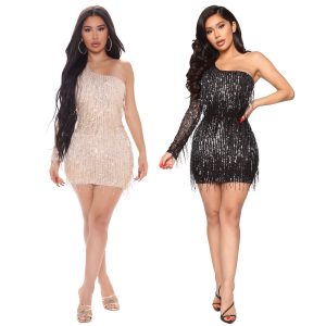 This Fashion Single Long Sleeve Sequined Tassel Sexy Party Nightclub Bodycon Dress Design Made Of Good Quality Polyster And Spandex Material