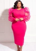 This Fashion Solid Color Puff Mesh Long Sleeve v-Neck Plus Size Midi Dress Made Of Soft And Elastic Fabric. Global Lover Wholesale Plus Size Dresses And Hope Curvy Ladies Find Here a Warm And Exciting Place To Shop Affordable Curvy Dresses Online - Plus Size Casual