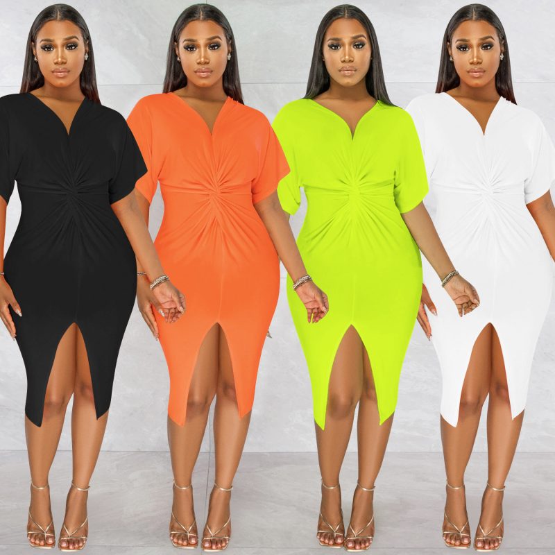 This Fashion Solid Color Short Sleeve Casual v Neck Split Women Dress Design Made Of High Quality Polyster And Spandex Material. It Is Stretchy