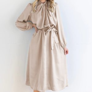 This Fashion Trend Satin Chic Elegant High Sense French Dress Autumn Long Sleeve Party Skirt Design Made Of High Quality Polyster And Spandex Material