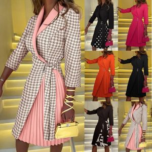 This Fashion v-Neck Fashion Slim Waist Half-Sleeve Pleated Blazer Dress Design Made Of High End Polyster And Spandex Material