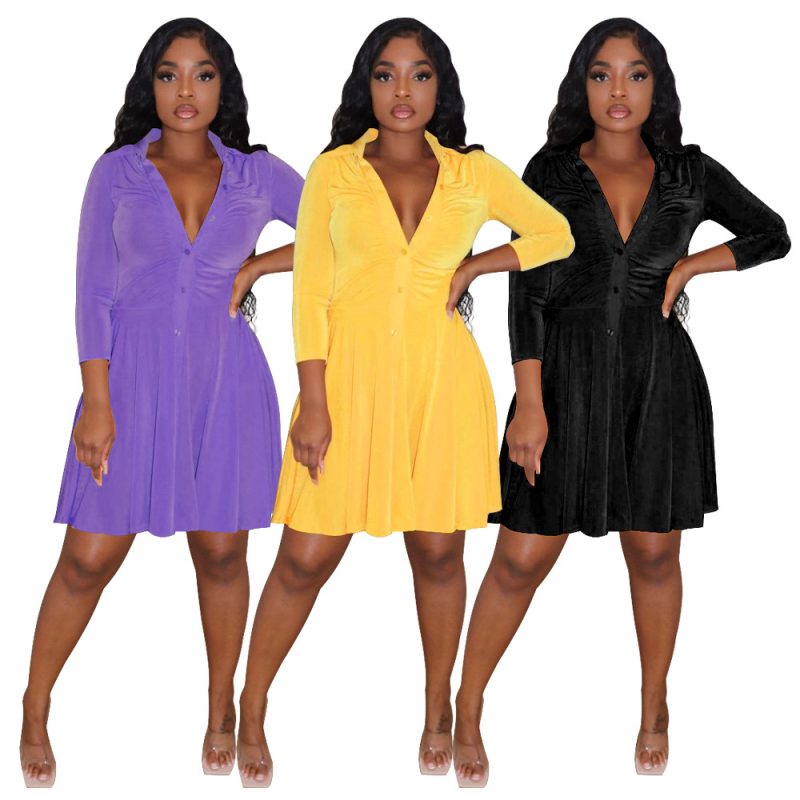 This Fashion Women Clothes Velvet Turndown Collar Long Sleeve a-Line Casual Dress Design Made Of High Quality Polyster And Spandex Material. It Is Stretchy