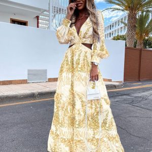 This Fashion Women Clothing Spring Long Printed v-Neck Long Sleeve Maxi Dress Design Made Of High Quality Polyster And Spandex Material