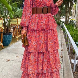 This Fashion Women's Spring High Neck Ruffle Floral Long Dress Design Made Of High Quality Polyster And Spandex Material